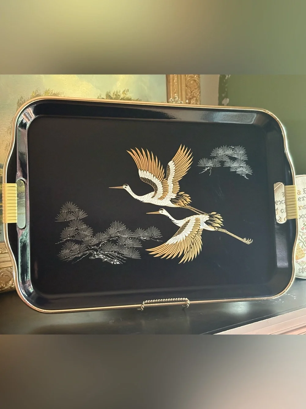 VTG Artmark Flying Cranes & Branches Black Melamine Serving Tray Wrapped Handles